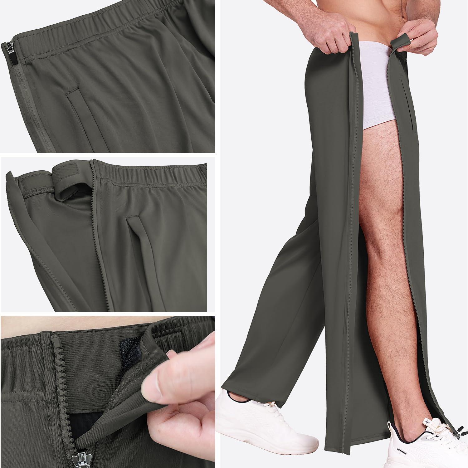 imageDeyeek Mens Tear Away Basketball Pants 2 Side Zippers Snap Off Full Open Down Sweatpants Leg Post Surgery Pant with PocketsDark Gray