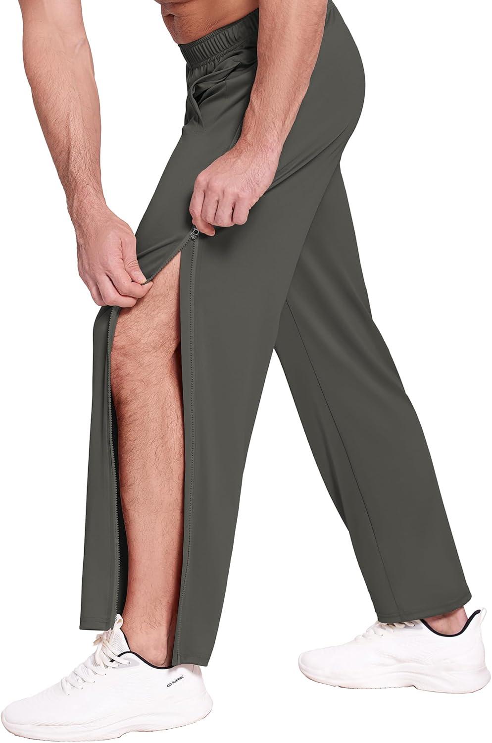 imageDeyeek Mens Tear Away Basketball Pants 2 Side Zippers Snap Off Full Open Down Sweatpants Leg Post Surgery Pant with PocketsDark Gray
