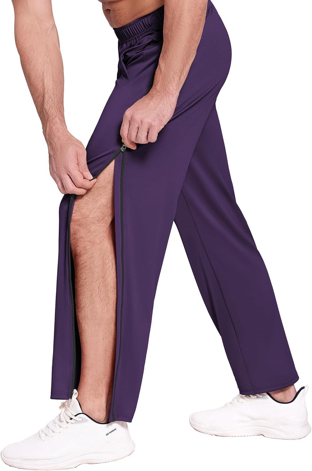 imageDeyeek Mens Tear Away Basketball Pants 2 Side Zippers Snap Off Full Open Down Sweatpants Leg Post Surgery Pant with PocketsDark Purple