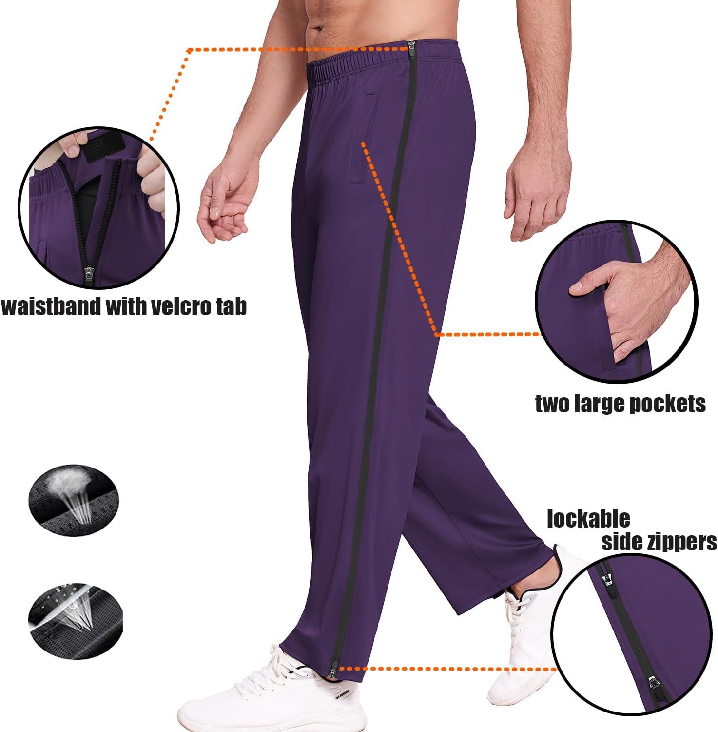 imageDeyeek Mens Tear Away Basketball Pants 2 Side Zippers Snap Off Full Open Down Sweatpants Leg Post Surgery Pant with PocketsDark Purple