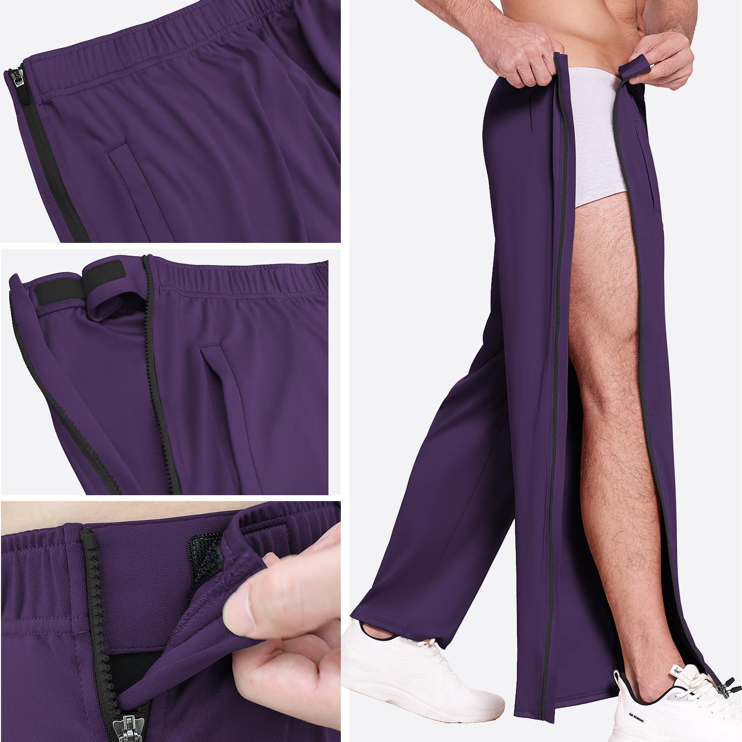 imageDeyeek Mens Tear Away Basketball Pants 2 Side Zippers Snap Off Full Open Down Sweatpants Leg Post Surgery Pant with PocketsDark Purple