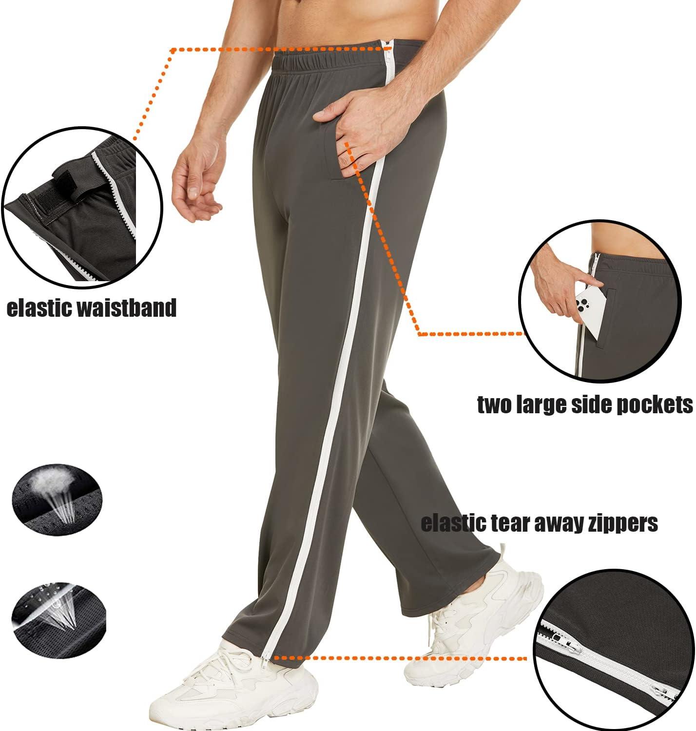 imageDeyeek Mens Tear Away Basketball Pants 2 Side Zippers Snap Off Full Open Down Sweatpants Leg Post Surgery Pant with PocketsGrey