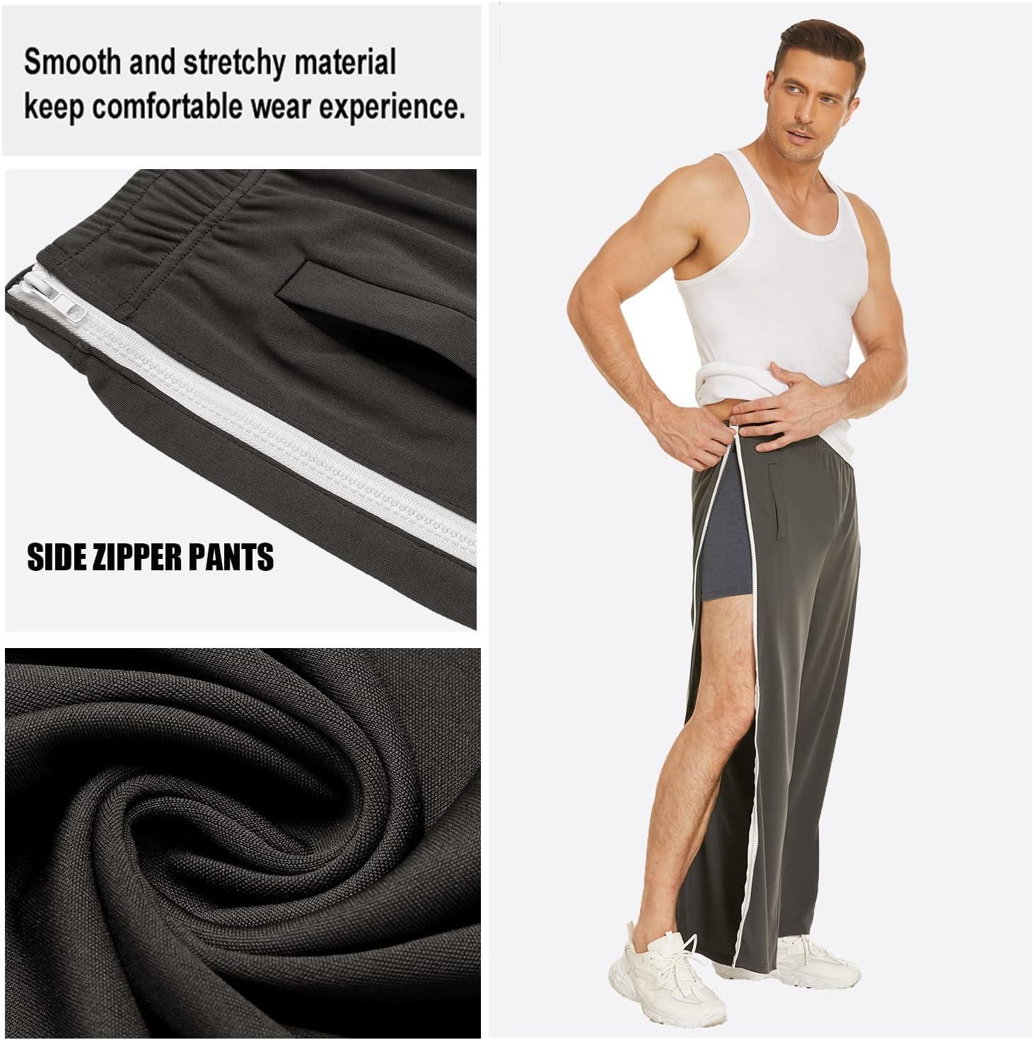 imageDeyeek Mens Tear Away Basketball Pants 2 Side Zippers Snap Off Full Open Down Sweatpants Leg Post Surgery Pant with PocketsGrey