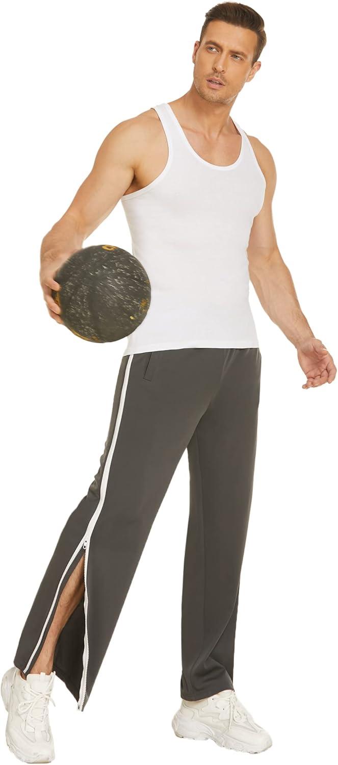 imageDeyeek Mens Tear Away Basketball Pants 2 Side Zippers Snap Off Full Open Down Sweatpants Leg Post Surgery Pant with PocketsGrey