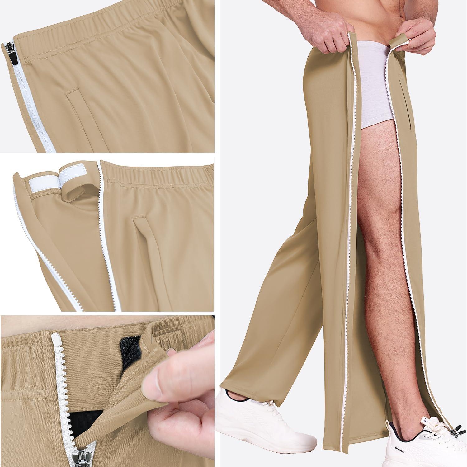 imageDeyeek Mens Tear Away Basketball Pants 2 Side Zippers Snap Off Full Open Down Sweatpants Leg Post Surgery Pant with PocketsKhaki2