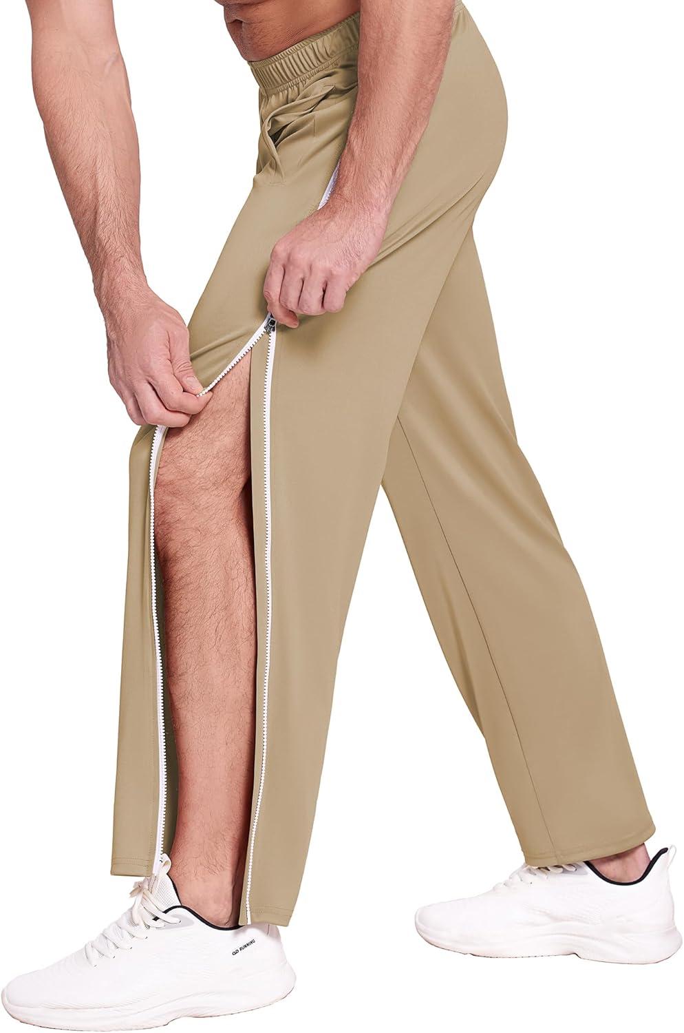 imageDeyeek Mens Tear Away Basketball Pants 2 Side Zippers Snap Off Full Open Down Sweatpants Leg Post Surgery Pant with PocketsKhaki2