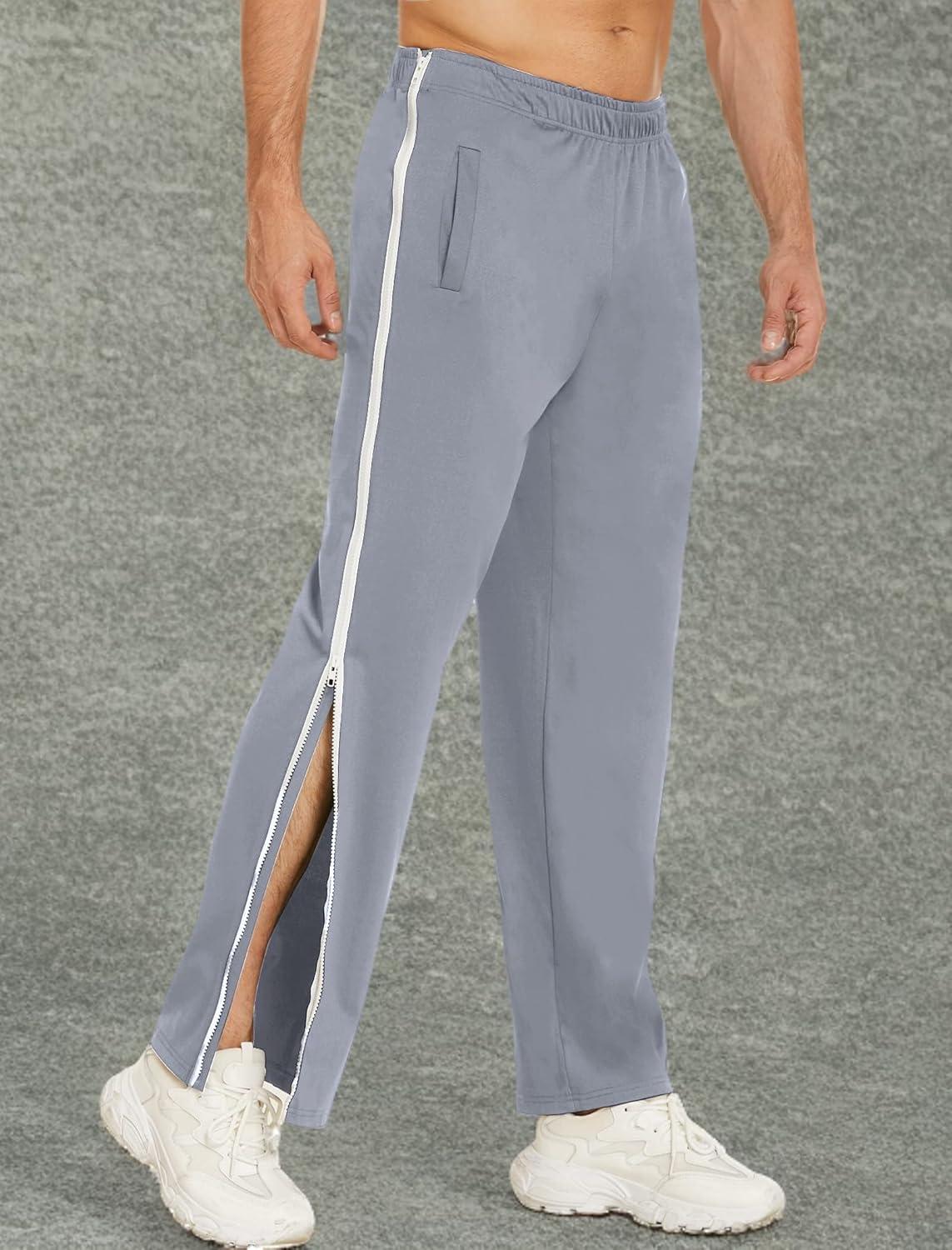 imageDeyeek Mens Tear Away Basketball Pants 2 Side Zippers Snap Off Full Open Down Sweatpants Leg Post Surgery Pant with PocketsLight Grey
