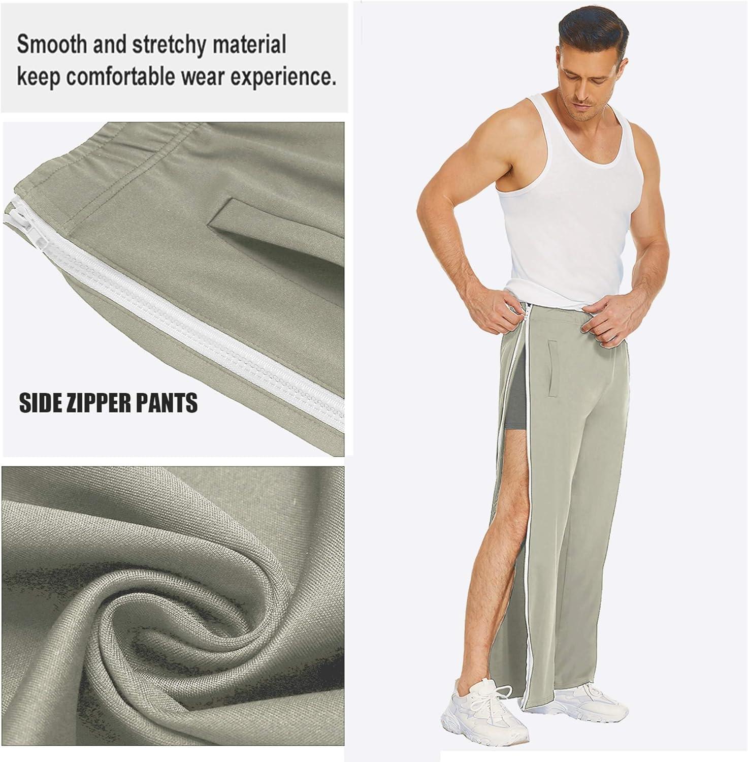 imageDeyeek Mens Tear Away Basketball Pants 2 Side Zippers Snap Off Full Open Down Sweatpants Leg Post Surgery Pant with PocketsLight Grey