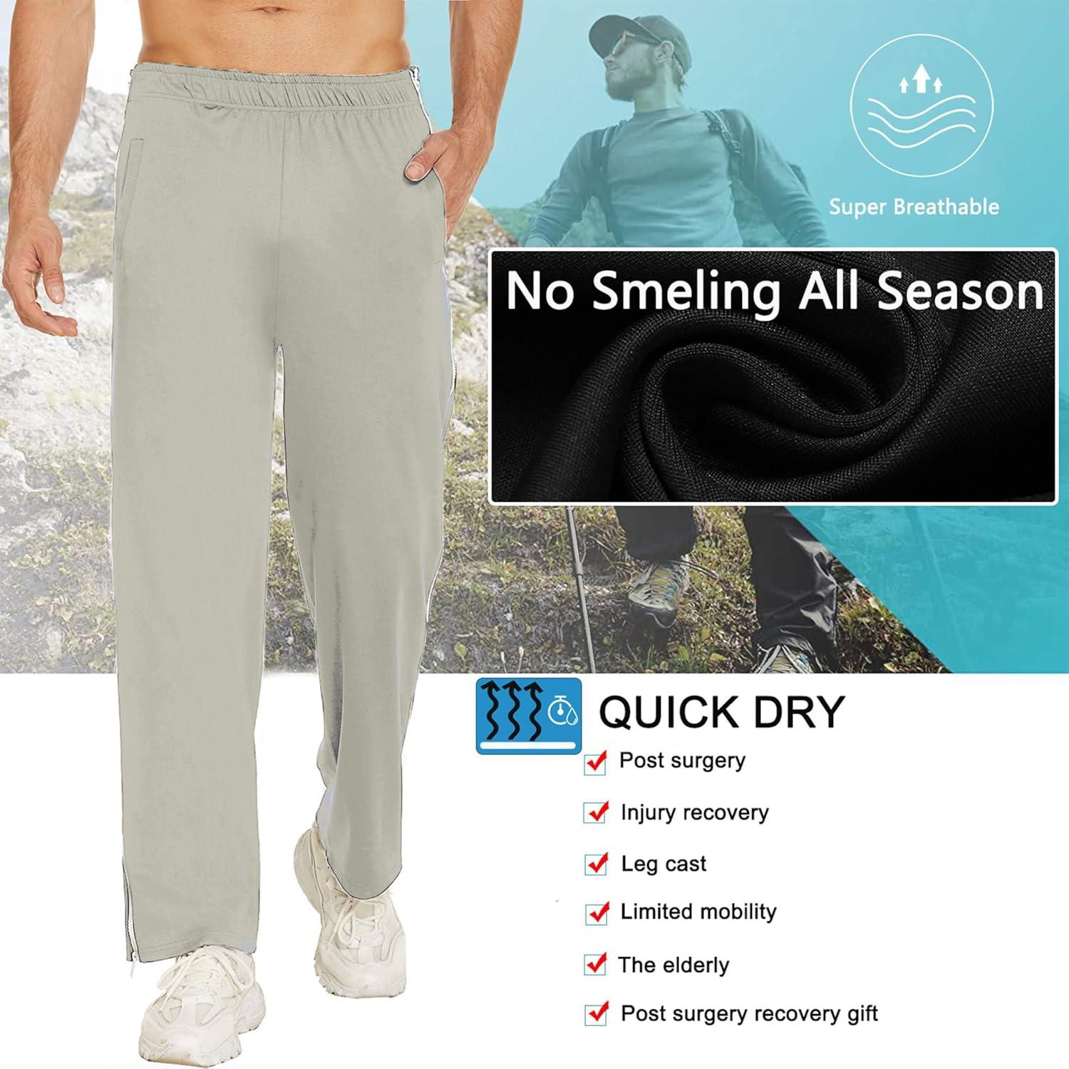 imageDeyeek Mens Tear Away Basketball Pants 2 Side Zippers Snap Off Full Open Down Sweatpants Leg Post Surgery Pant with PocketsLight Grey