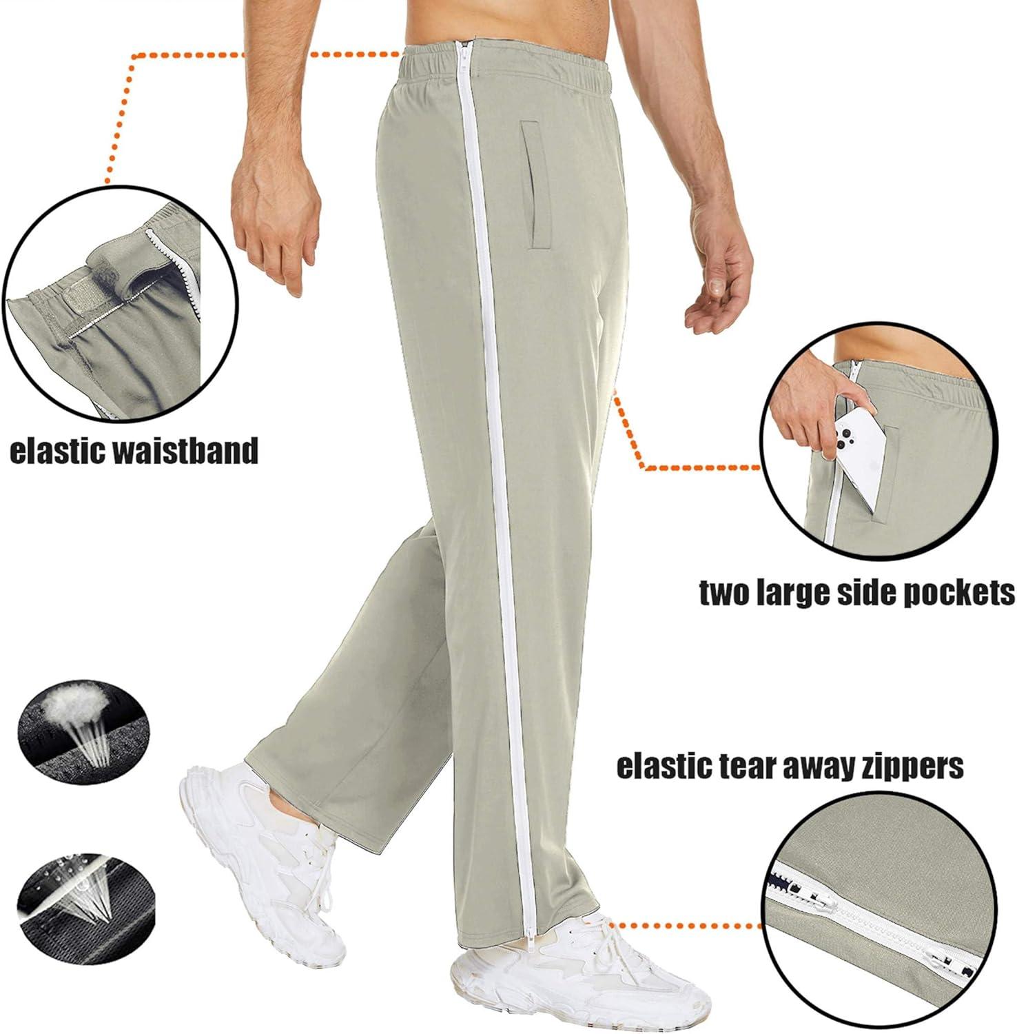 imageDeyeek Mens Tear Away Basketball Pants 2 Side Zippers Snap Off Full Open Down Sweatpants Leg Post Surgery Pant with PocketsLight Grey