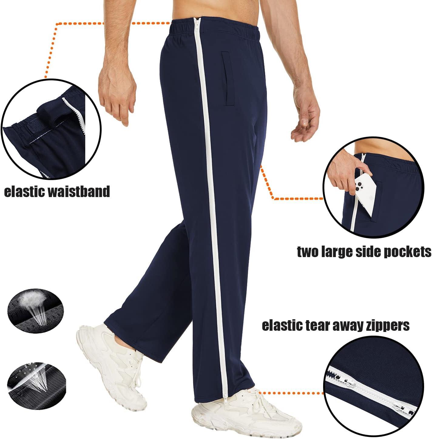 imageDeyeek Mens Tear Away Basketball Pants 2 Side Zippers Snap Off Full Open Down Sweatpants Leg Post Surgery Pant with PocketsNavy Blue