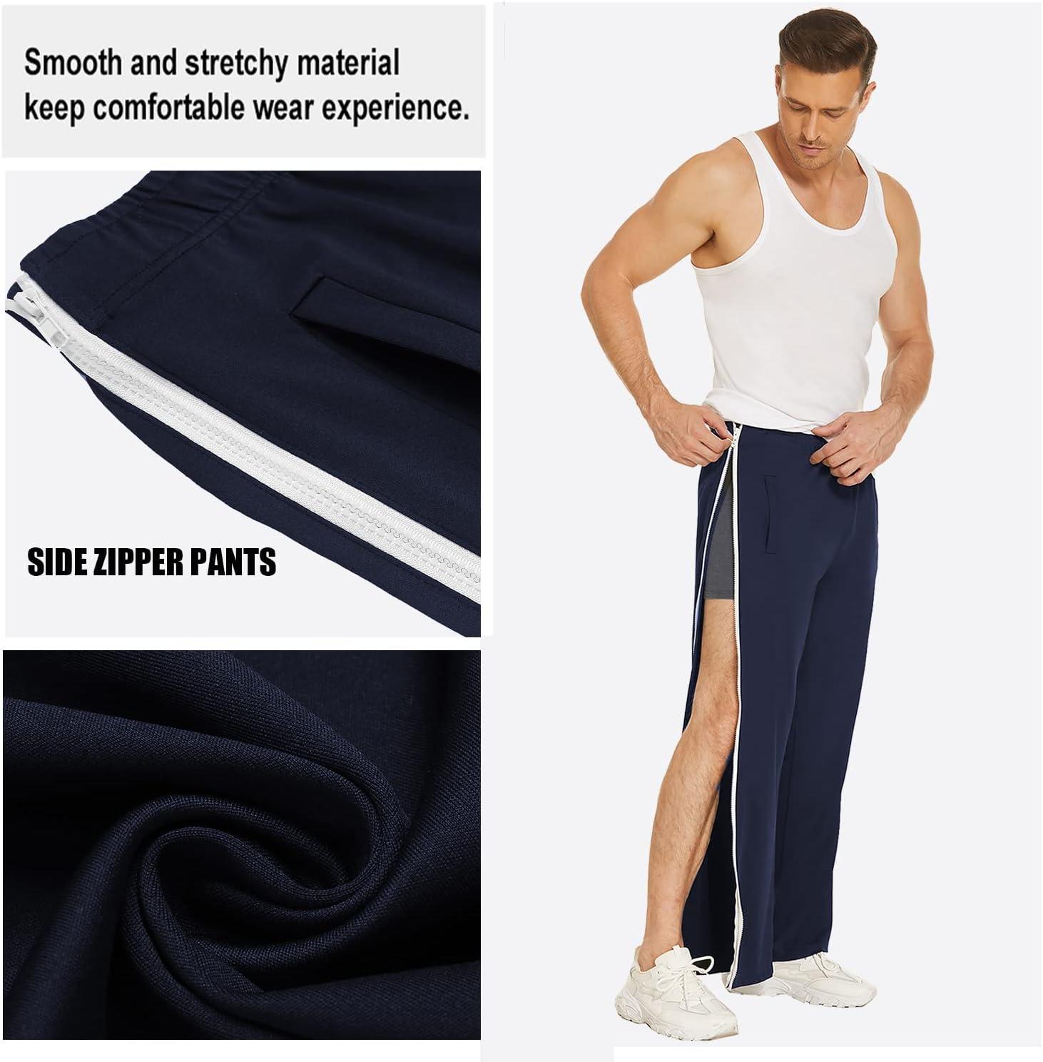imageDeyeek Mens Tear Away Basketball Pants 2 Side Zippers Snap Off Full Open Down Sweatpants Leg Post Surgery Pant with PocketsNavy Blue