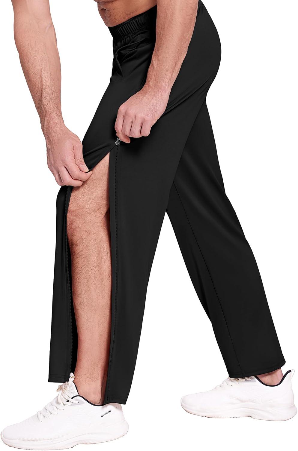 imageDeyeek Mens Tear Away Basketball Pants 2 Side Zippers Snap Off Full Open Down Sweatpants Leg Post Surgery Pant with PocketsPure Black