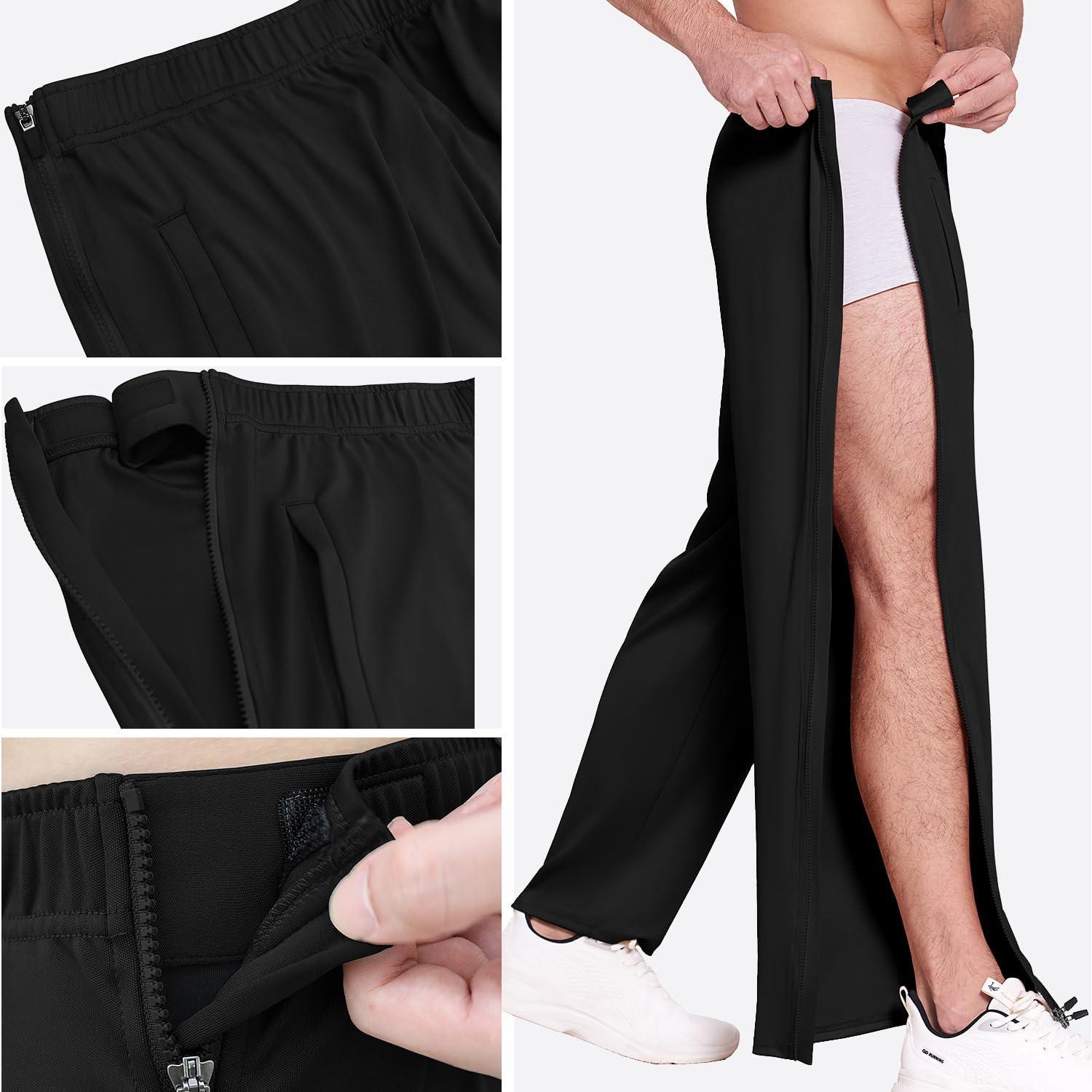 imageDeyeek Mens Tear Away Basketball Pants 2 Side Zippers Snap Off Full Open Down Sweatpants Leg Post Surgery Pant with PocketsPure Black