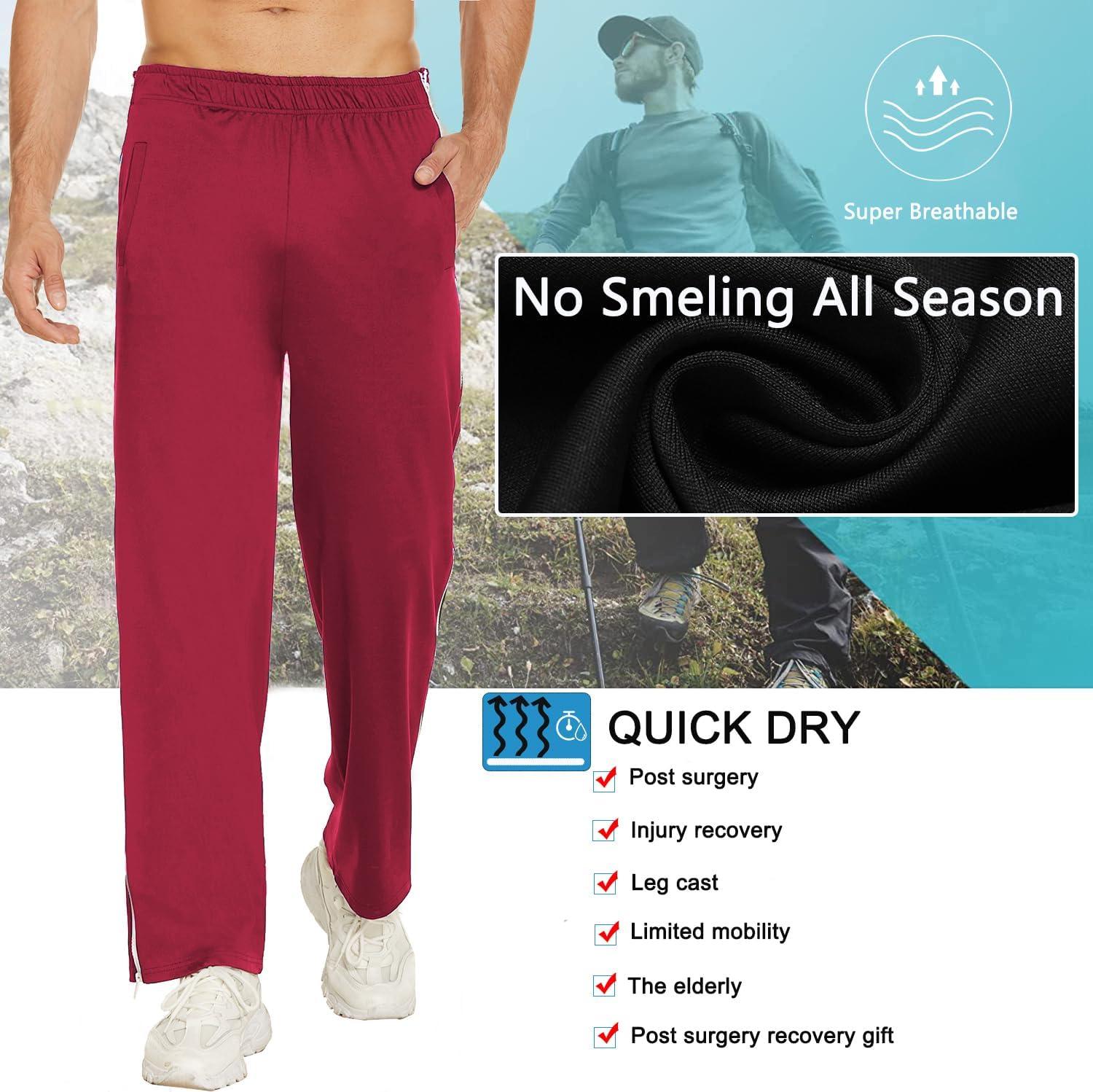 imageDeyeek Mens Tear Away Basketball Pants 2 Side Zippers Snap Off Full Open Down Sweatpants Leg Post Surgery Pant with PocketsRed