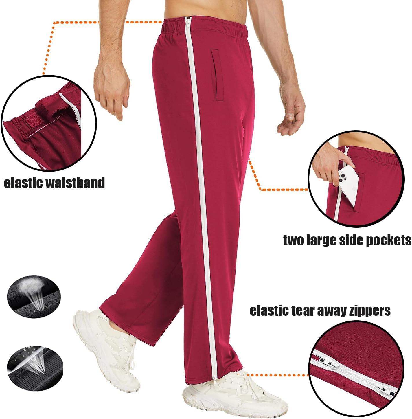 imageDeyeek Mens Tear Away Basketball Pants 2 Side Zippers Snap Off Full Open Down Sweatpants Leg Post Surgery Pant with PocketsRed