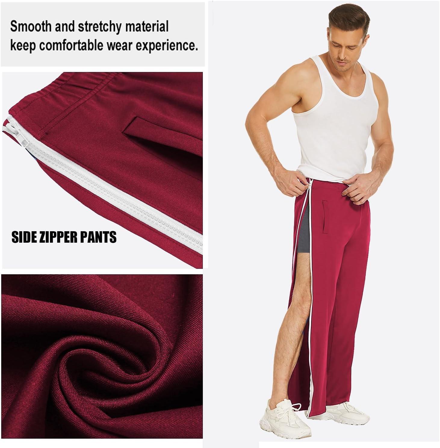 imageDeyeek Mens Tear Away Basketball Pants 2 Side Zippers Snap Off Full Open Down Sweatpants Leg Post Surgery Pant with PocketsRed
