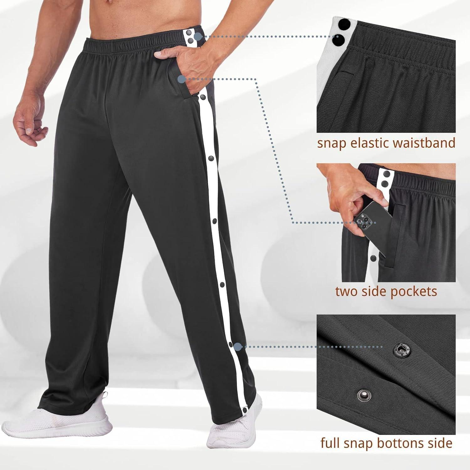 imageDeyeek Mens Tear Away Basketball Pants High Split Snap Button Casual PostSurgery Sweatpants with PocketsBlack