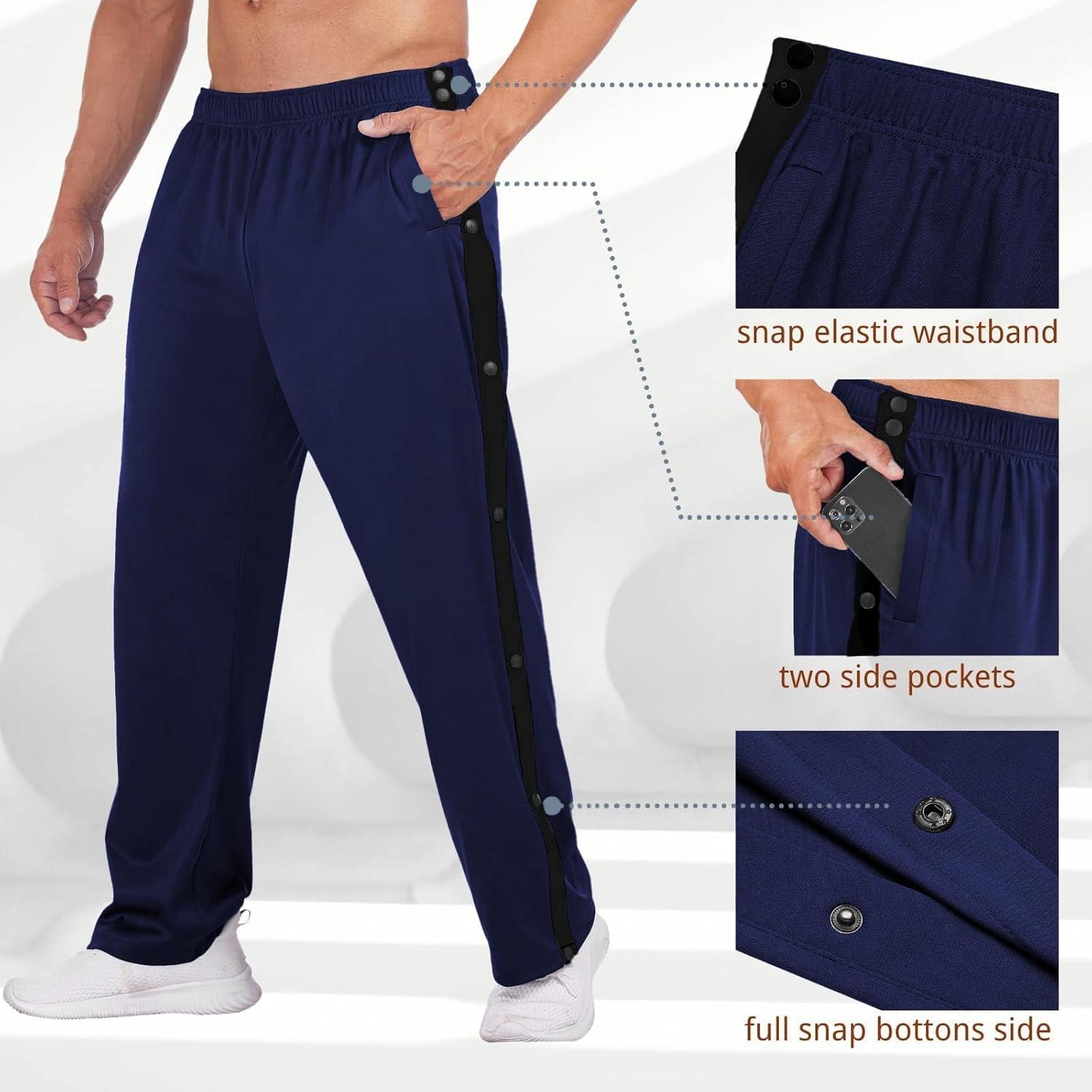 imageDeyeek Mens Tear Away Basketball Pants High Split Snap Button Casual PostSurgery Sweatpants with PocketsBlue