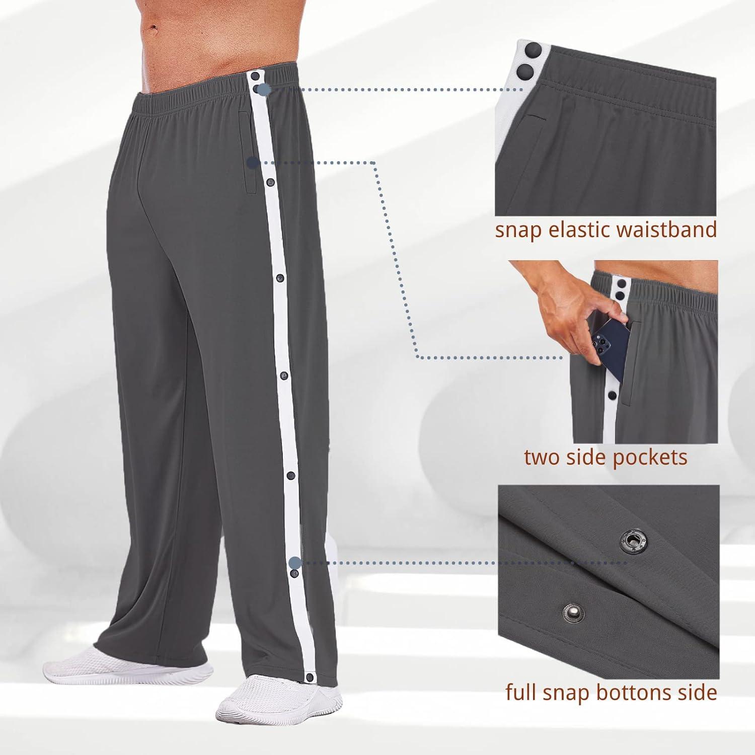 imageDeyeek Mens Tear Away Basketball Pants High Split Snap Button Casual PostSurgery Sweatpants with PocketsDark Grey