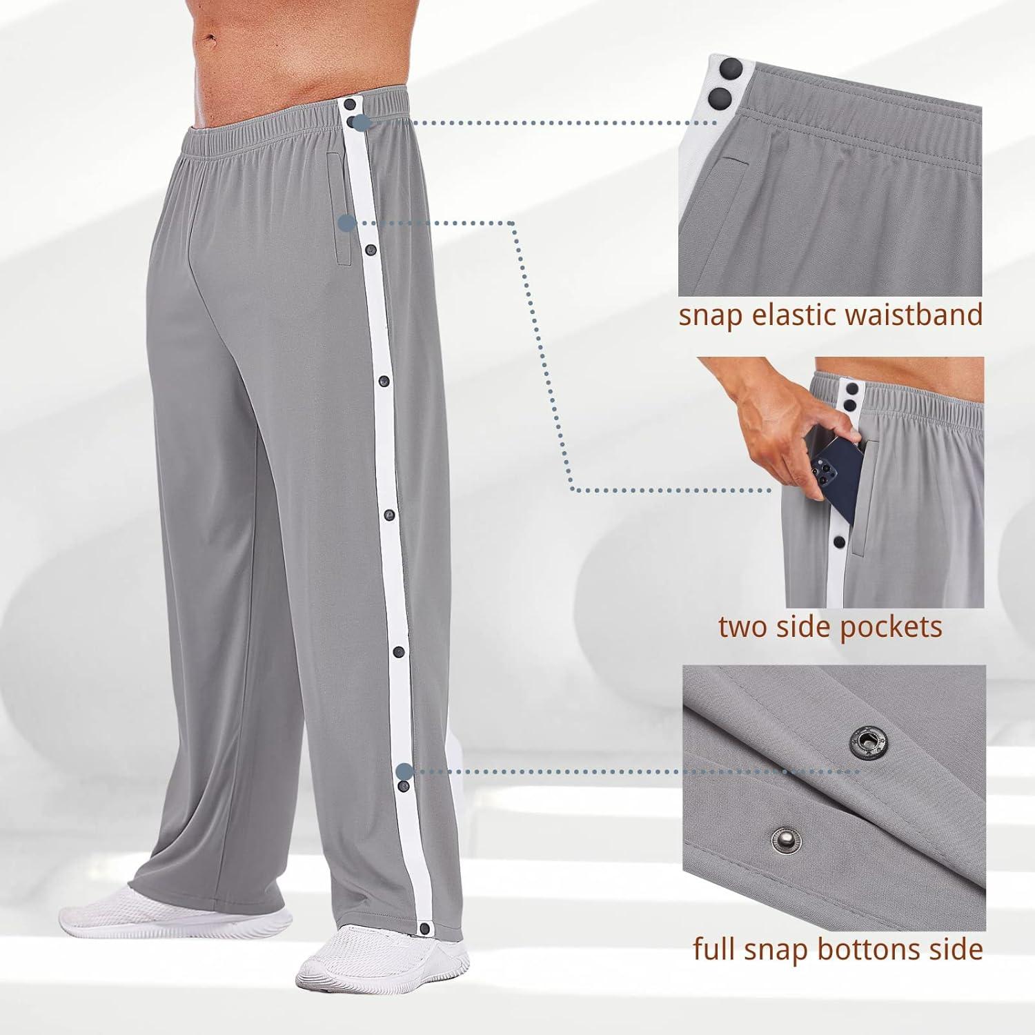 imageDeyeek Mens Tear Away Basketball Pants High Split Snap Button Casual PostSurgery Sweatpants with PocketsGrey