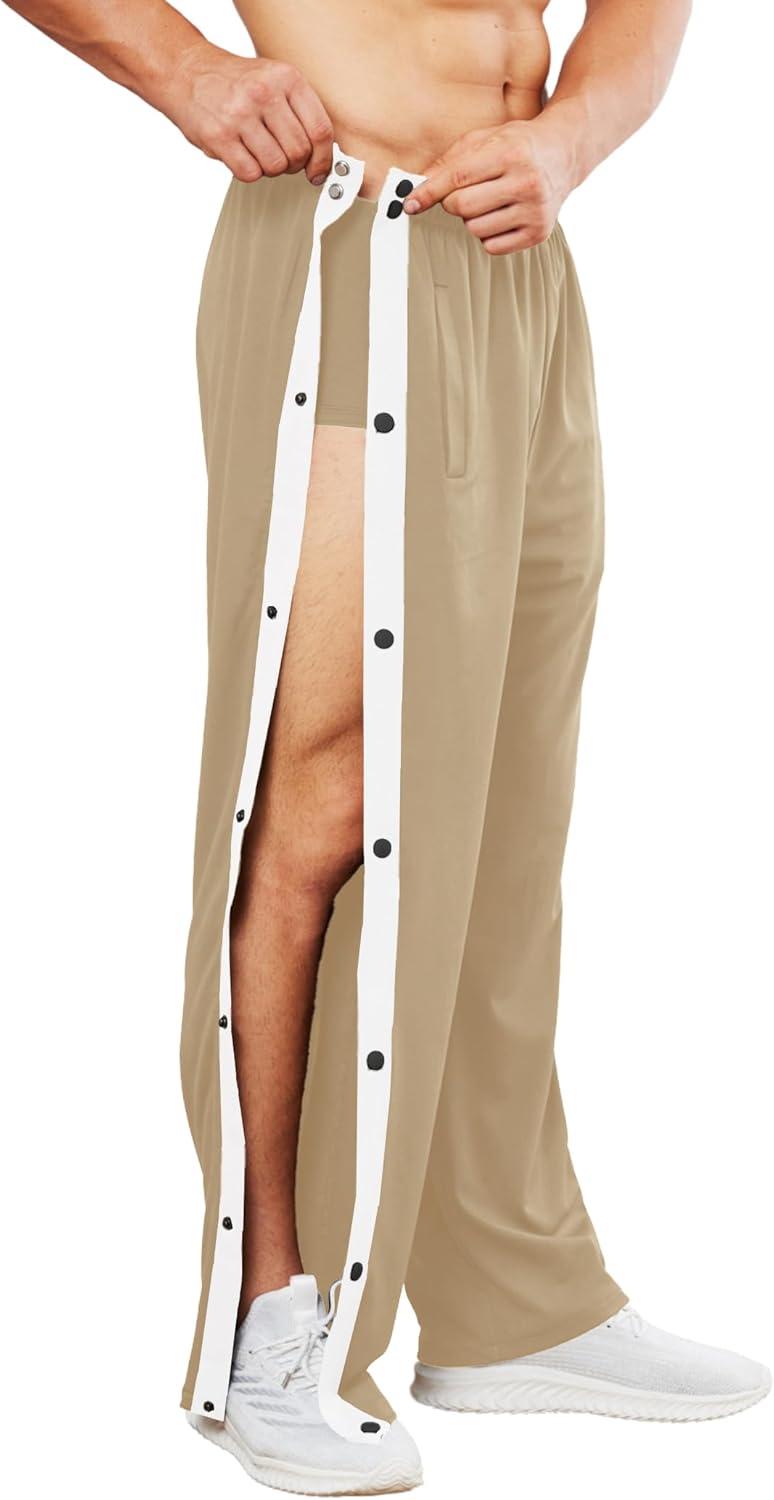 imageDeyeek Mens Tear Away Basketball Pants High Split Snap Button Casual PostSurgery Sweatpants with PocketsKhaki
