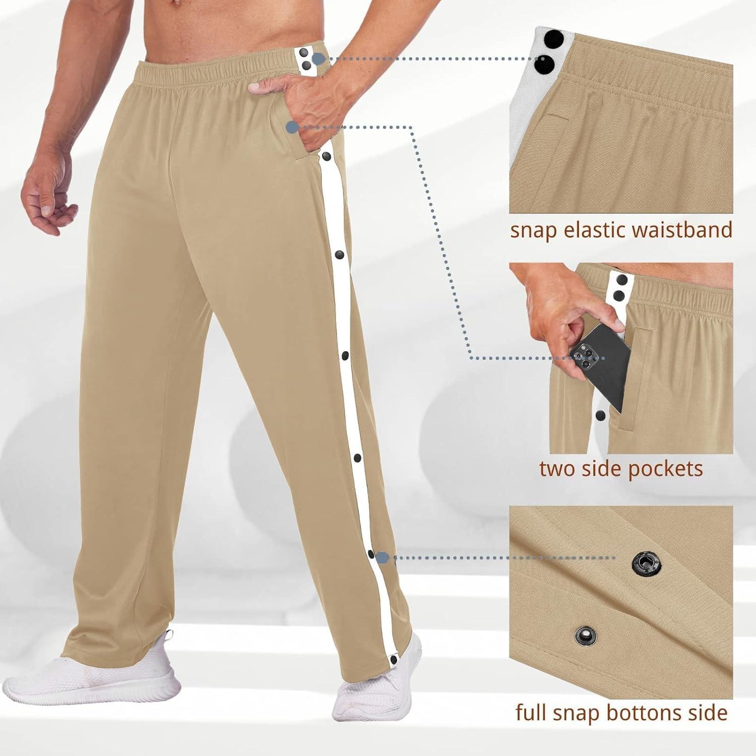 imageDeyeek Mens Tear Away Basketball Pants High Split Snap Button Casual PostSurgery Sweatpants with PocketsKhaki