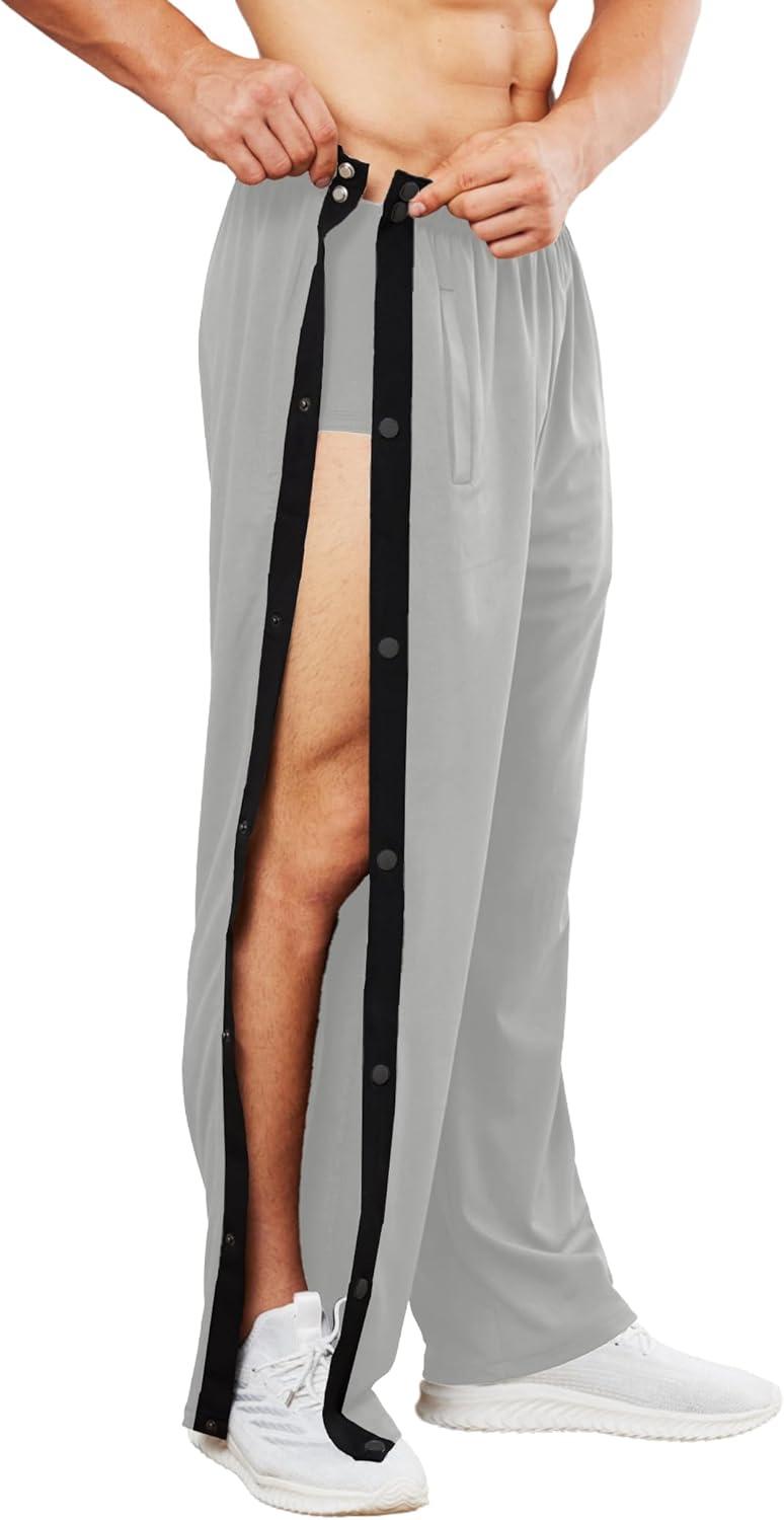 imageDeyeek Mens Tear Away Basketball Pants High Split Snap Button Casual PostSurgery Sweatpants with PocketsLight Grey