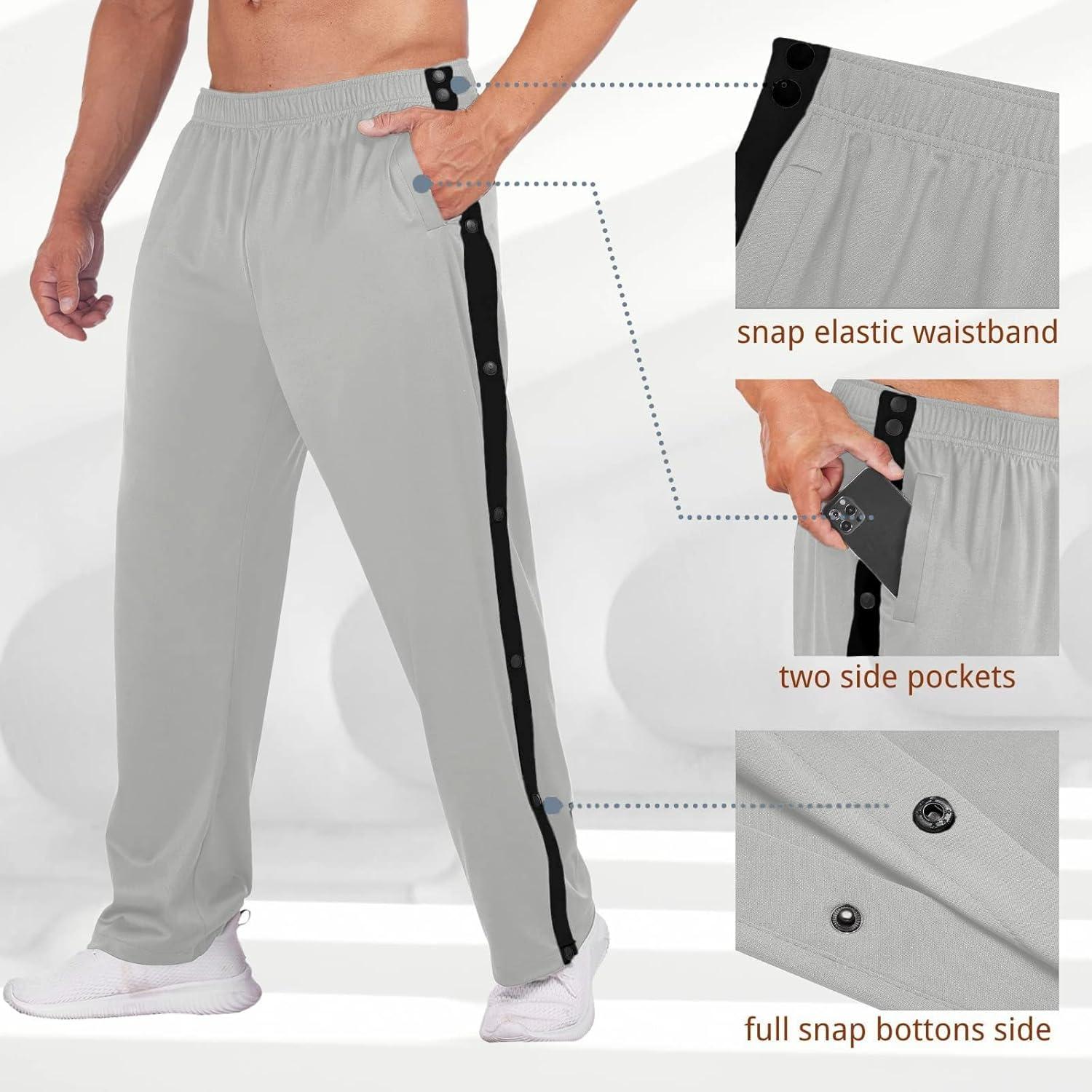 imageDeyeek Mens Tear Away Basketball Pants High Split Snap Button Casual PostSurgery Sweatpants with PocketsLight Grey
