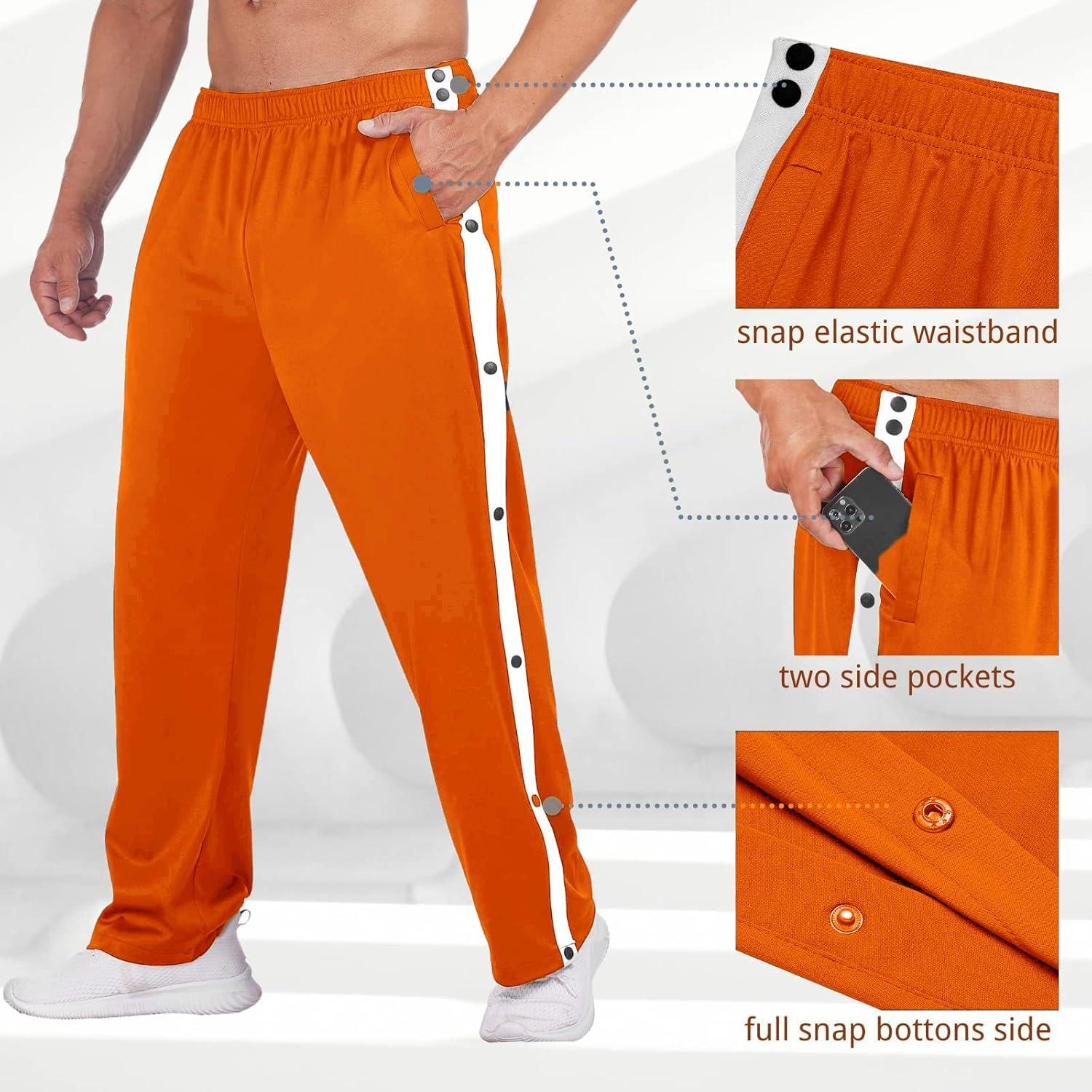 imageDeyeek Mens Tear Away Basketball Pants High Split Snap Button Casual PostSurgery Sweatpants with PocketsOrange