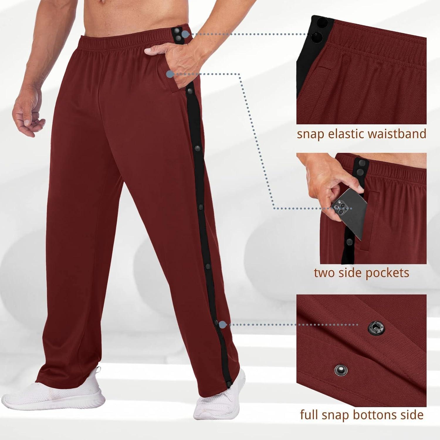 imageDeyeek Mens Tear Away Basketball Pants High Split Snap Button Casual PostSurgery Sweatpants with PocketsWine Red