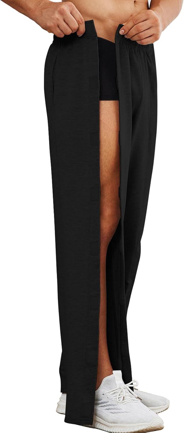 imageDeyeek Mens Tear Away Pants 2 Side Full Open Bottom Sweatpants Loose Fit Casual Adaptive Post Surgery Pants with PocketsBlack