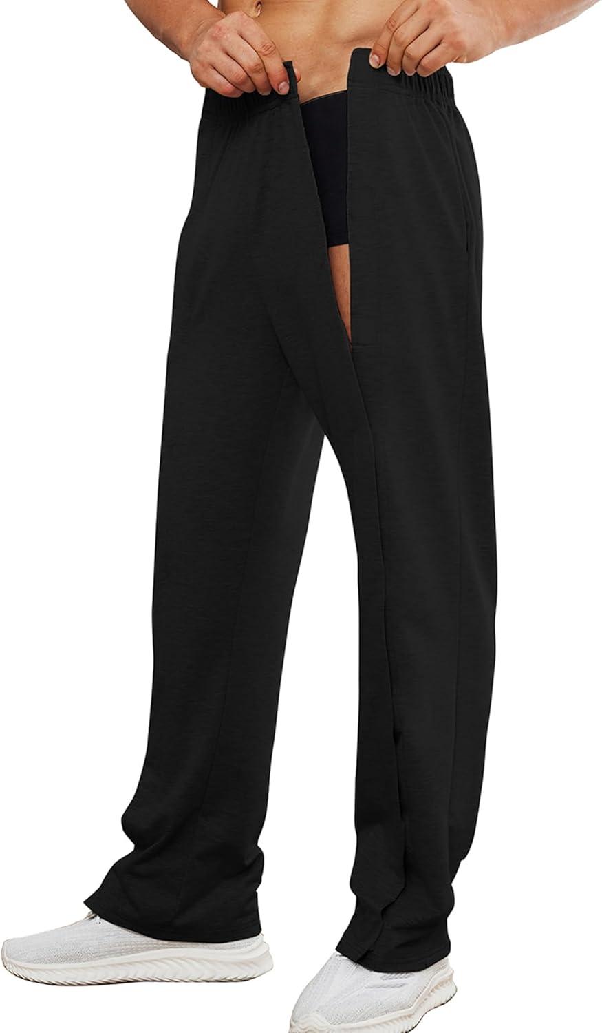 imageDeyeek Mens Tear Away Pants 2 Side Full Open Bottom Sweatpants Loose Fit Casual Adaptive Post Surgery Pants with PocketsBlack