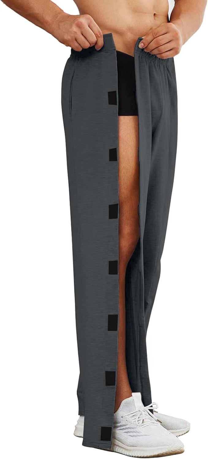 imageDeyeek Mens Tear Away Pants 2 Side Full Open Bottom Sweatpants Loose Fit Casual Adaptive Post Surgery Pants with PocketsDark Grey