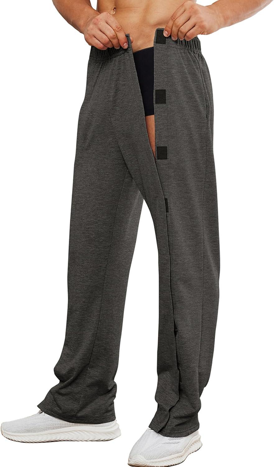 imageDeyeek Mens Tear Away Pants 2 Side Full Open Bottom Sweatpants Loose Fit Casual Adaptive Post Surgery Pants with PocketsDeep Gray