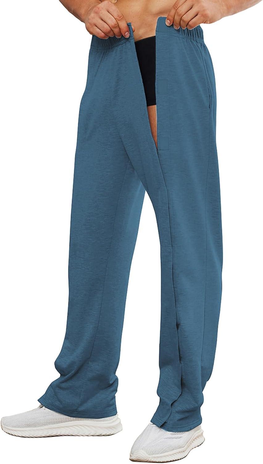 imageDeyeek Mens Tear Away Pants 2 Side Full Open Bottom Sweatpants Loose Fit Casual Adaptive Post Surgery Pants with PocketsSea Blue