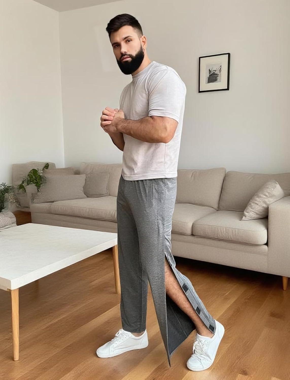 imageDeyeek Mens Tear Away Pants 2 Side Snap Open Bottom Sweatpants Loose Fit Casual Post Surgery Pants with PocketsGrey