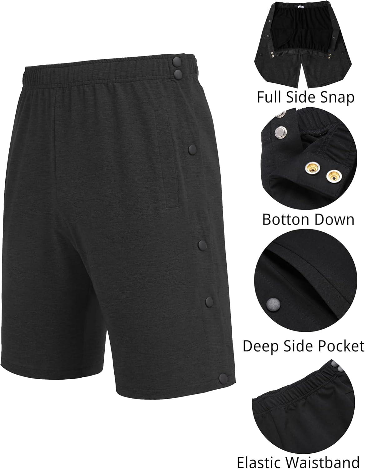 imageDeyeek Mens Tear Away Shorts Post Surgery Recovery Side Snap Shorts Color Block Cotton Break Away Pants with PocketsBlack