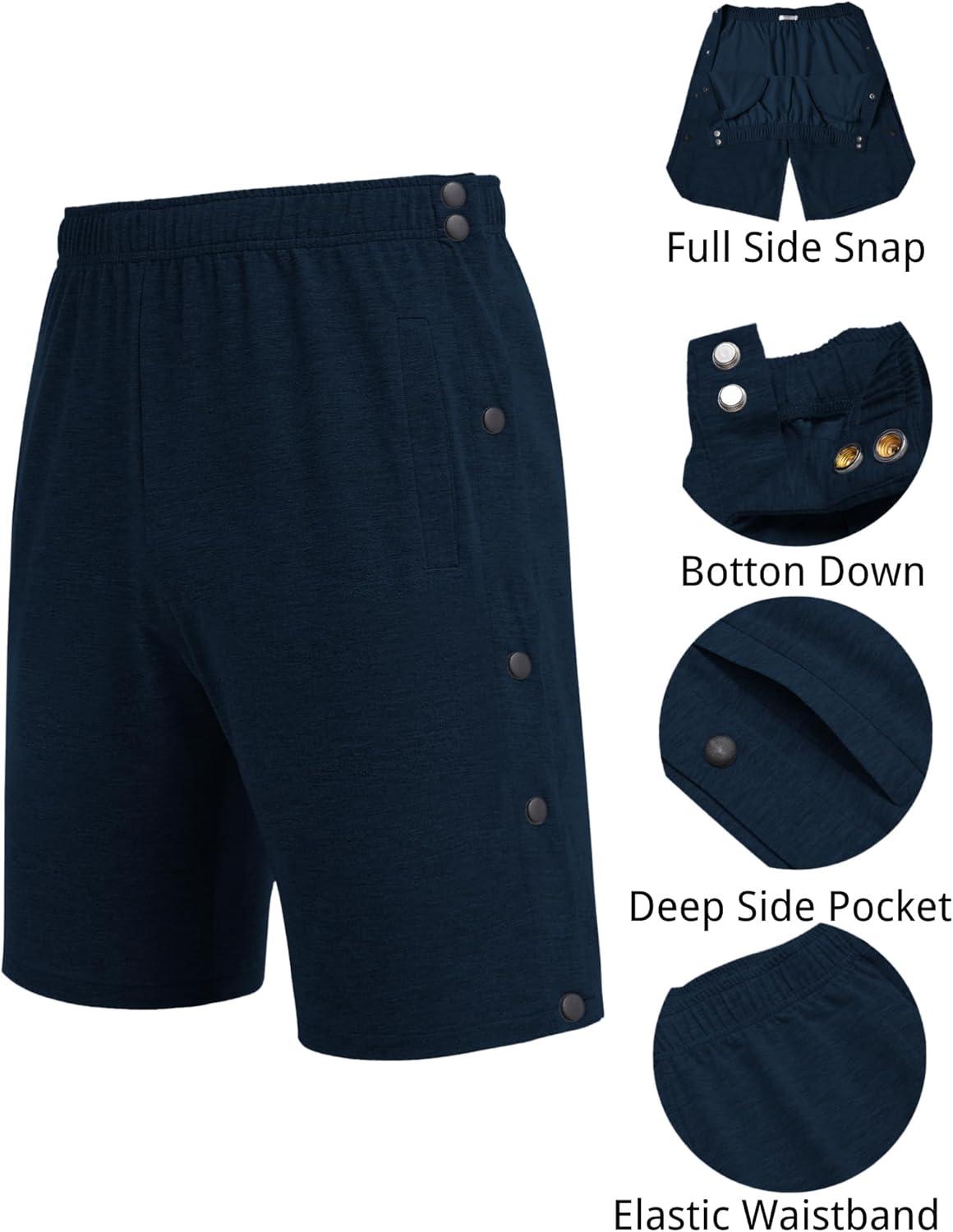 imageDeyeek Mens Tear Away Shorts Post Surgery Recovery Side Snap Shorts Color Block Cotton Break Away Pants with PocketsBlue Purple