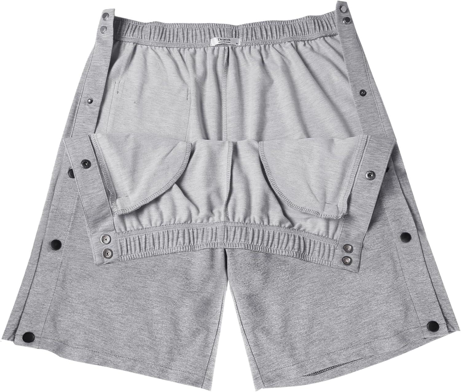 imageDeyeek Mens Tear Away Shorts Post Surgery Recovery Side Snap Shorts Color Block Cotton Break Away Pants with PocketsLight Grey
