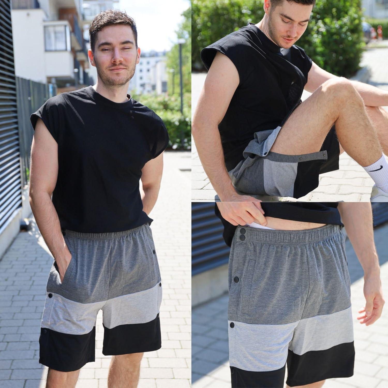 imageDeyeek Mens Tear Away Shorts Post Surgery Recovery Side Snap Shorts Color Block Cotton Break Away Pants with PocketsLight Grey
