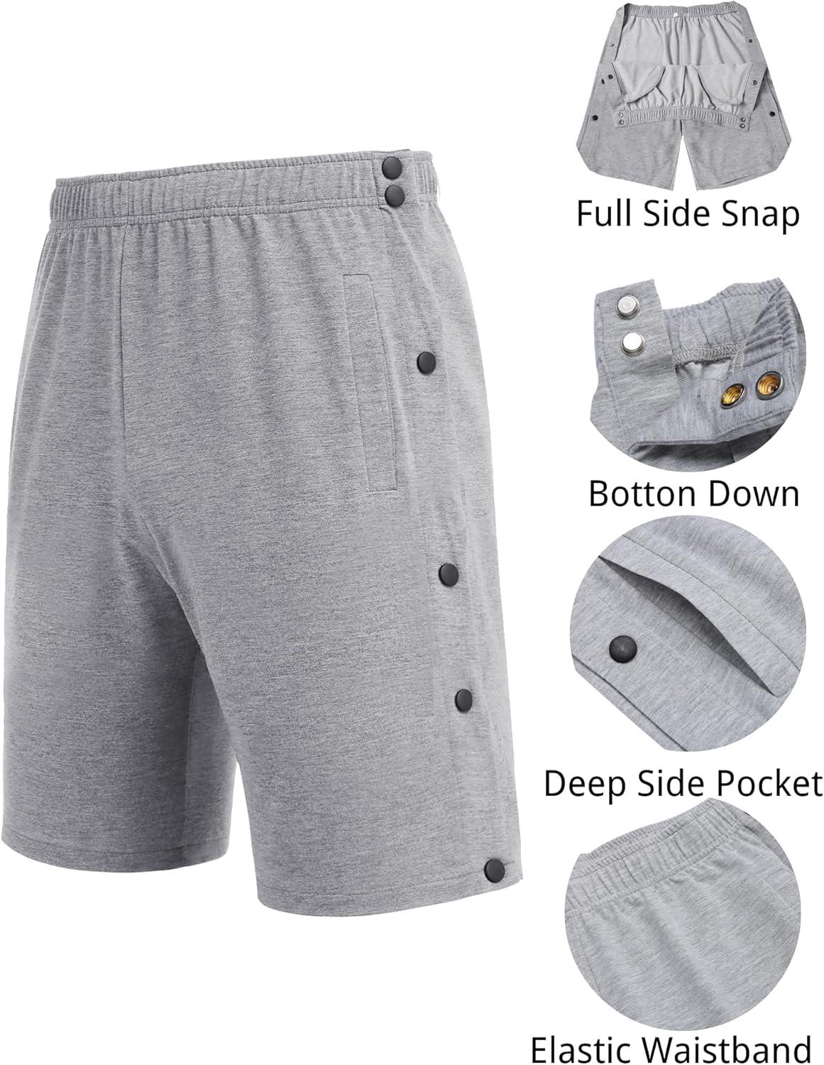 imageDeyeek Mens Tear Away Shorts Post Surgery Recovery Side Snap Shorts Color Block Cotton Break Away Pants with PocketsLight Grey