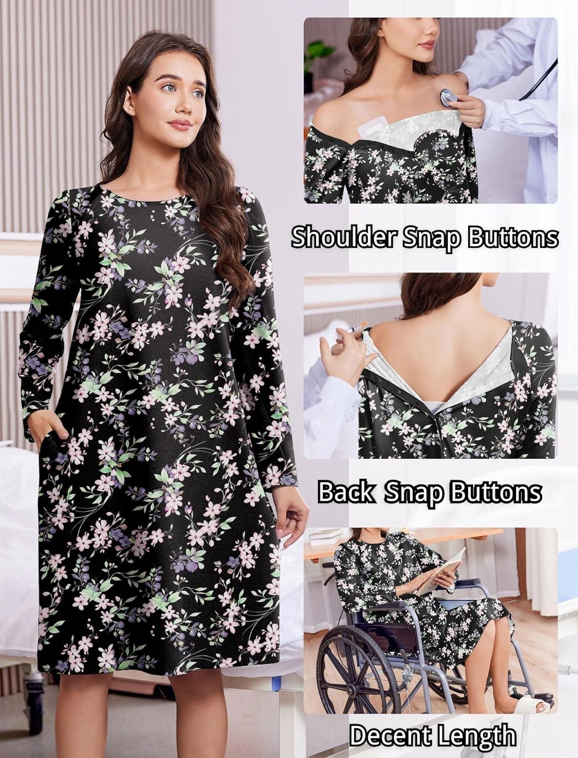 imageDeyeek Open Back Hospital Gowns for Women Post Shoulder Surgery Tear Away Snap Chemo Port Adaptive Clothing with PocketsBlack Print