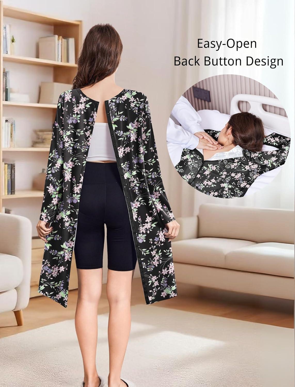 imageDeyeek Open Back Hospital Gowns for Women Post Shoulder Surgery Tear Away Snap Chemo Port Adaptive Clothing with PocketsBlack Print