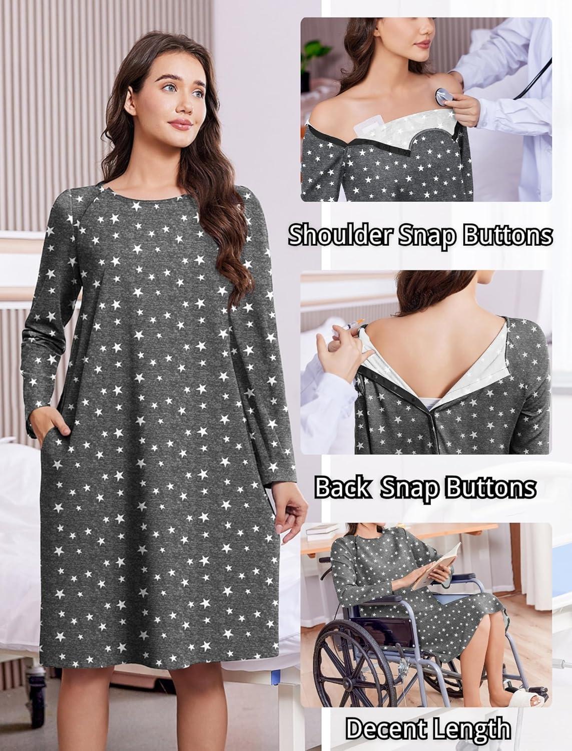 imageDeyeek Open Back Hospital Gowns for Women Post Shoulder Surgery Tear Away Snap Chemo Port Adaptive Clothing with PocketsGray Print
