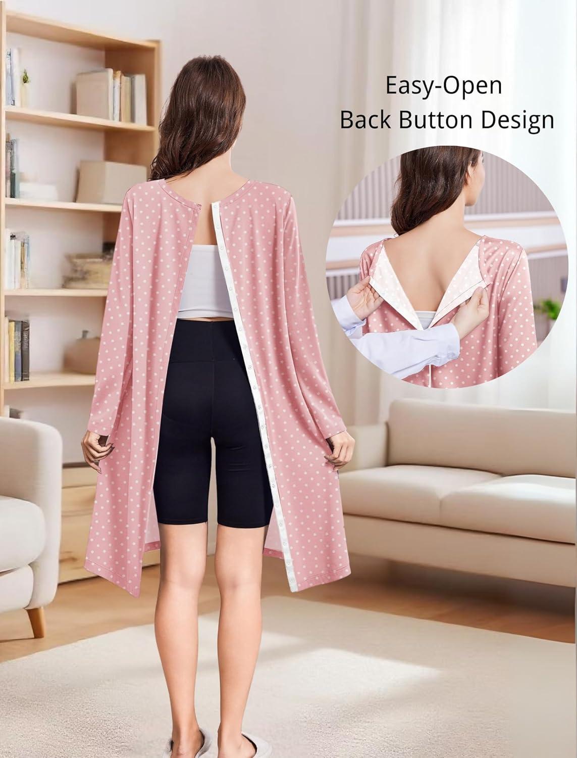 imageDeyeek Open Back Hospital Gowns for Women Post Shoulder Surgery Tear Away Snap Chemo Port Adaptive Clothing with PocketsPink Print