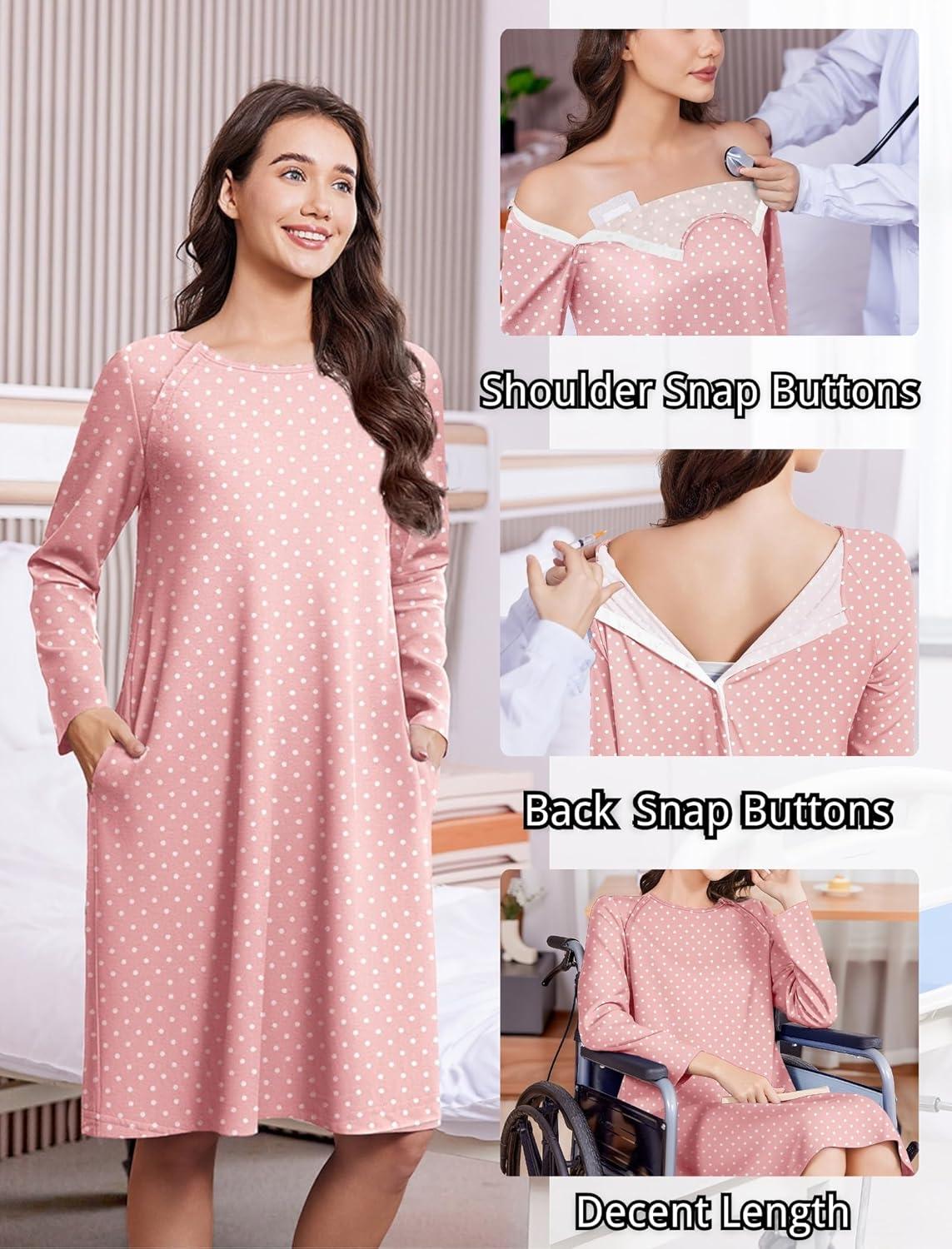 imageDeyeek Open Back Hospital Gowns for Women Post Shoulder Surgery Tear Away Snap Chemo Port Adaptive Clothing with PocketsPink Print