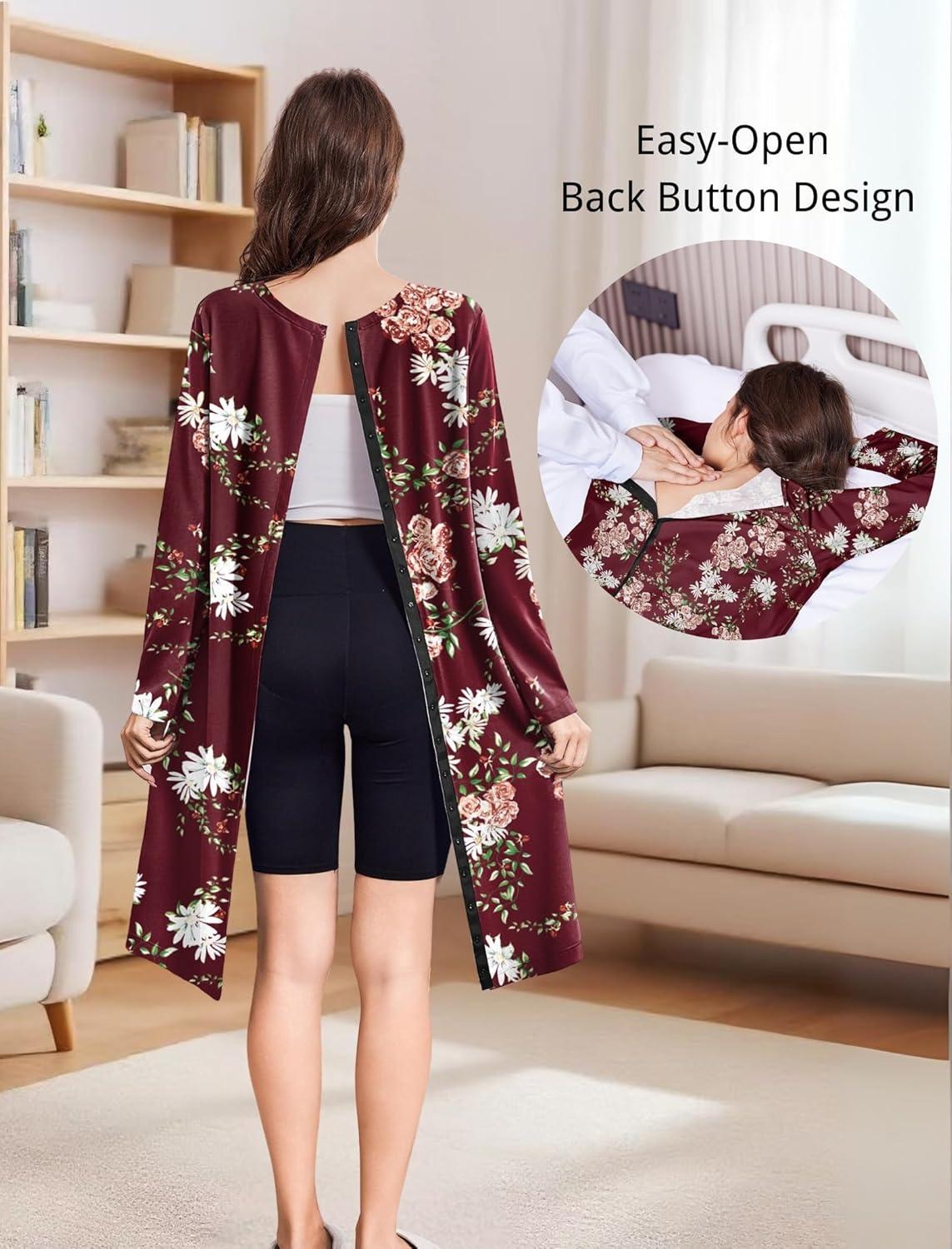 imageDeyeek Open Back Hospital Gowns for Women Post Shoulder Surgery Tear Away Snap Chemo Port Adaptive Clothing with PocketsRed Print