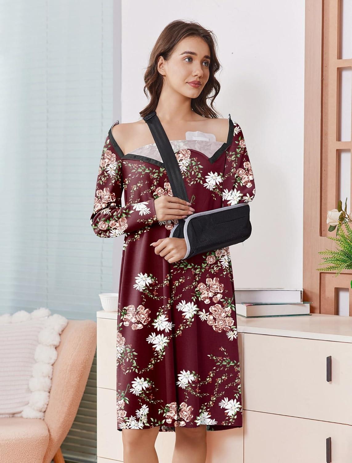 imageDeyeek Open Back Hospital Gowns for Women Post Shoulder Surgery Tear Away Snap Chemo Port Adaptive Clothing with PocketsRed Print