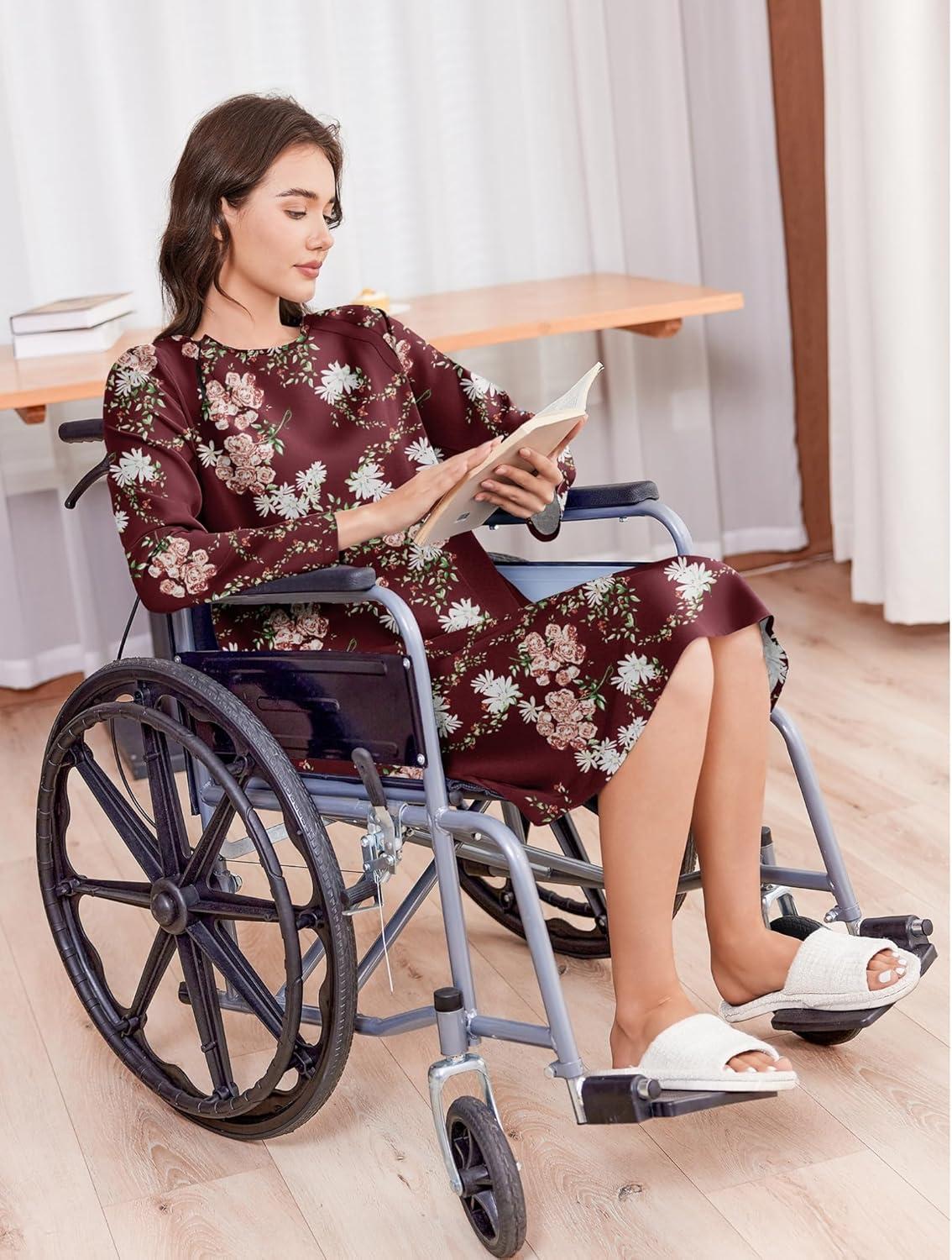imageDeyeek Open Back Hospital Gowns for Women Post Shoulder Surgery Tear Away Snap Chemo Port Adaptive Clothing with PocketsRed Print